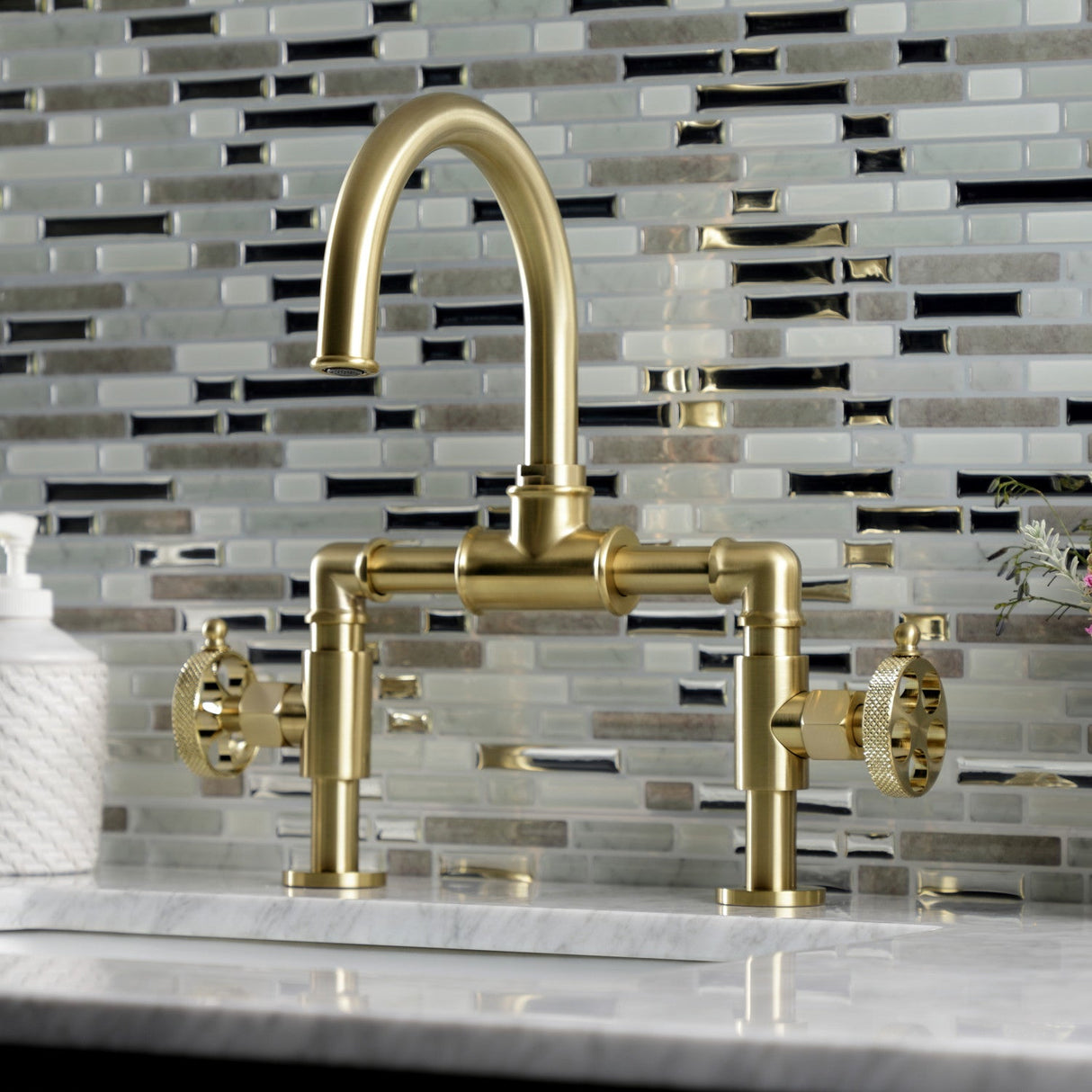 Webb KS2177RKX Two-Handle 2-Hole Deck Mount Bridge Bathroom Faucet with Knurled Handle and Push Pop-Up Drain, Brushed Brass