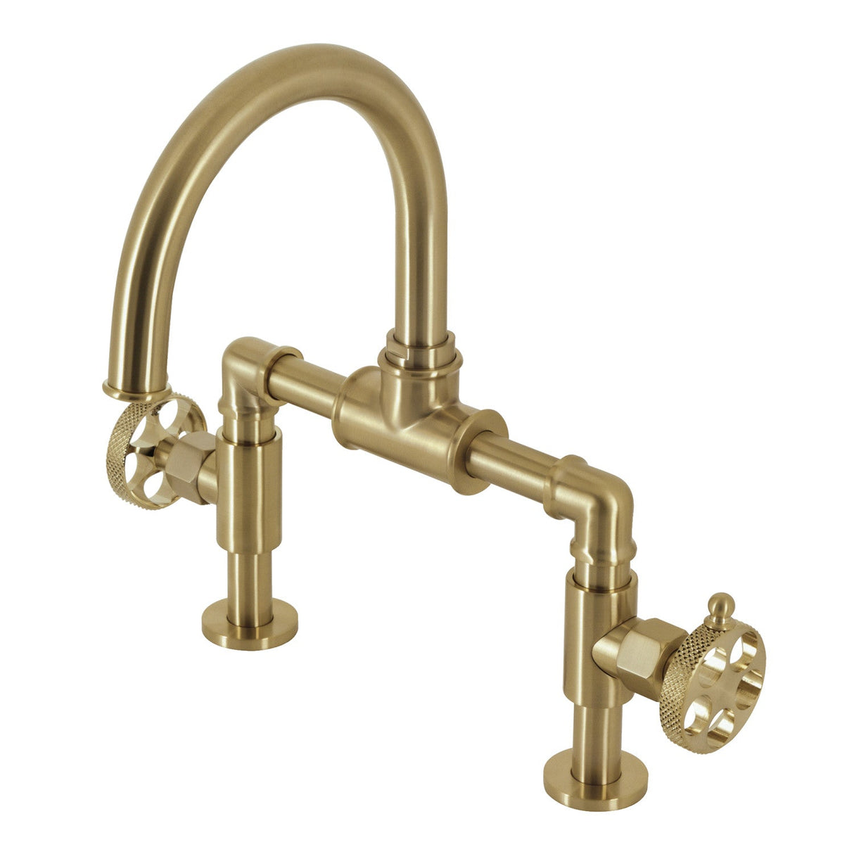 Webb KS2177RKX Two-Handle 2-Hole Deck Mount Bridge Bathroom Faucet with Knurled Handle and Push Pop-Up Drain, Brushed Brass