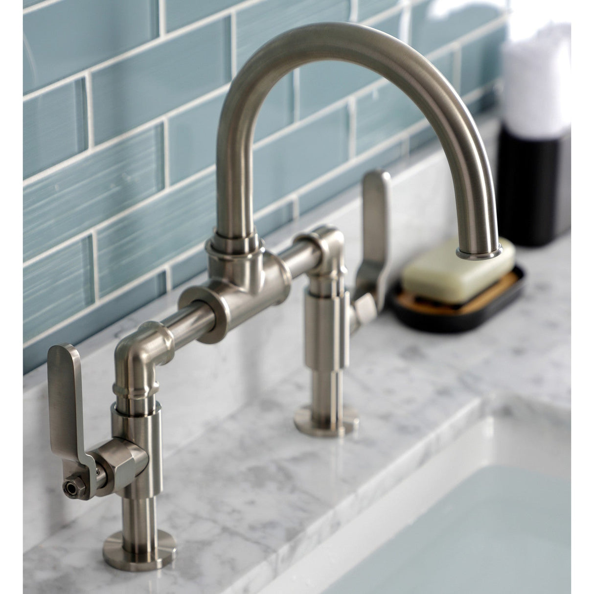 Whitaker KS2178KL Two-Handle 2-Hole Deck Mount Bridge Bathroom Faucet with Pop-Up Drain, Brushed Nickel