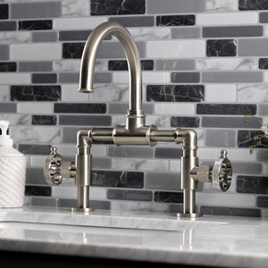 Webb KS2178RKX Two-Handle 2-Hole Deck Mount Bridge Bathroom Faucet with Knurled Handle and Push Pop-Up Drain, Brushed Nickel