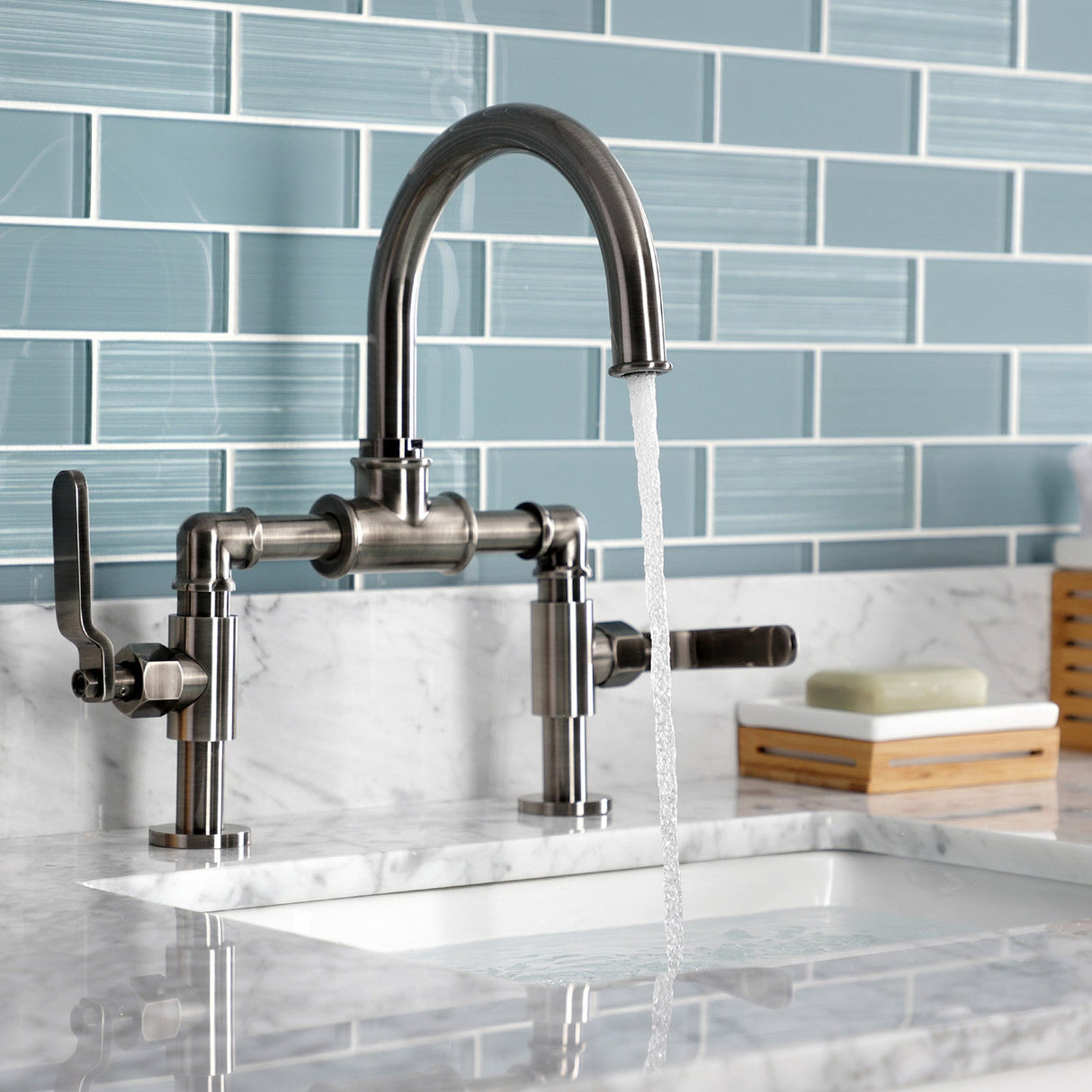 Whitaker KS217KLVN Two-Handle 2-Hole Deck Mount Bridge Bathroom Faucet with Pop-Up Drain, Black Stainless