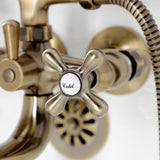 Kingston KS225AB Three-Handle 2-Hole Tub Wall Mount Clawfoot Tub Faucet with Handshower, Antique Brass