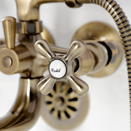 Kingston KS225AB Three-Handle 2-Hole Tub Wall Mount Clawfoot Tub Faucet with Handshower, Antique Brass