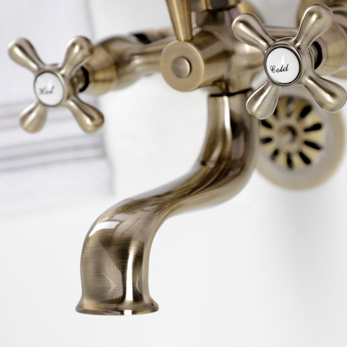 Kingston KS225AB Three-Handle 2-Hole Tub Wall Mount Clawfoot Tub Faucet with Handshower, Antique Brass