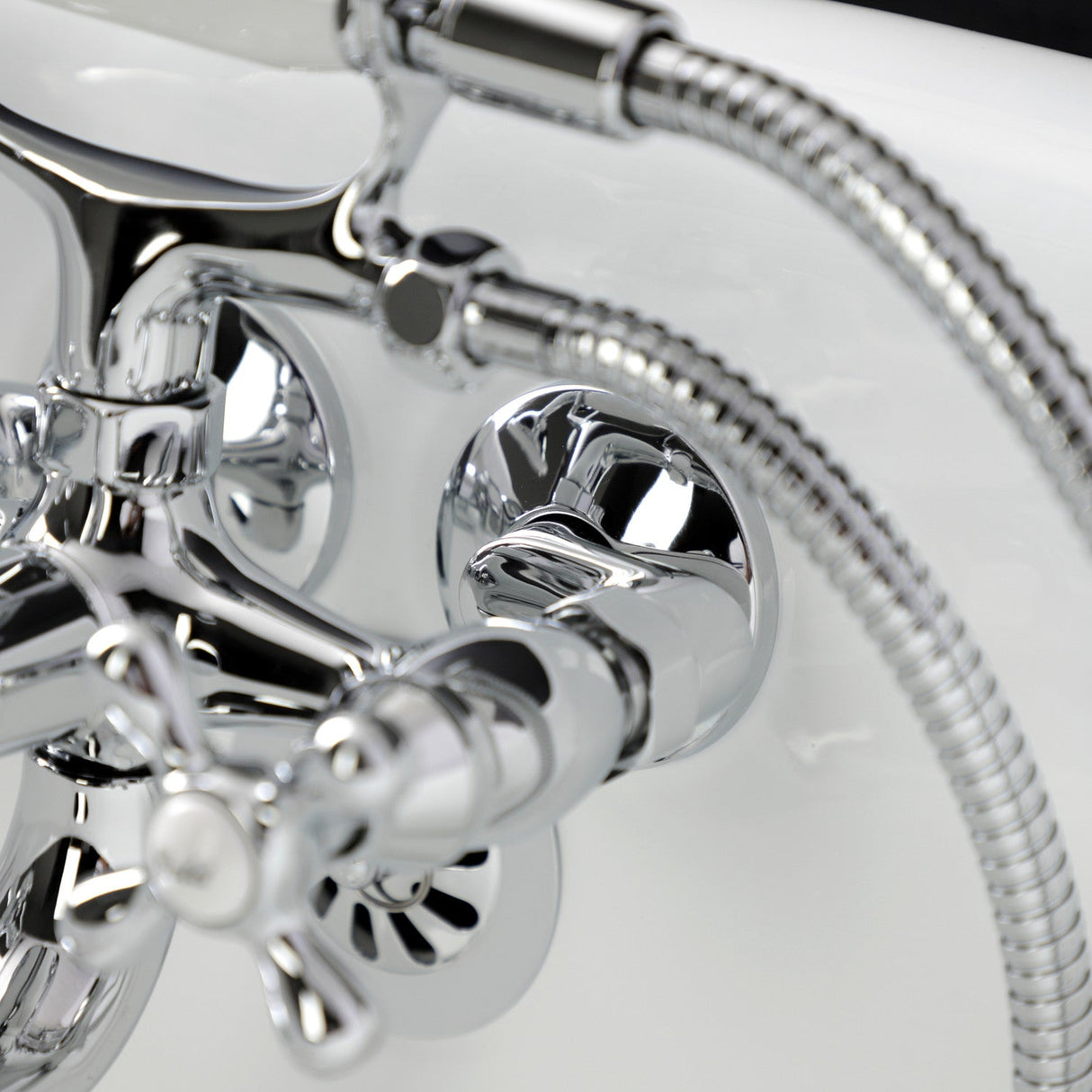 Kingston KS225C Three-Handle 2-Hole Tub Wall Mount Clawfoot Tub Faucet with Handshower, Polished Chrome