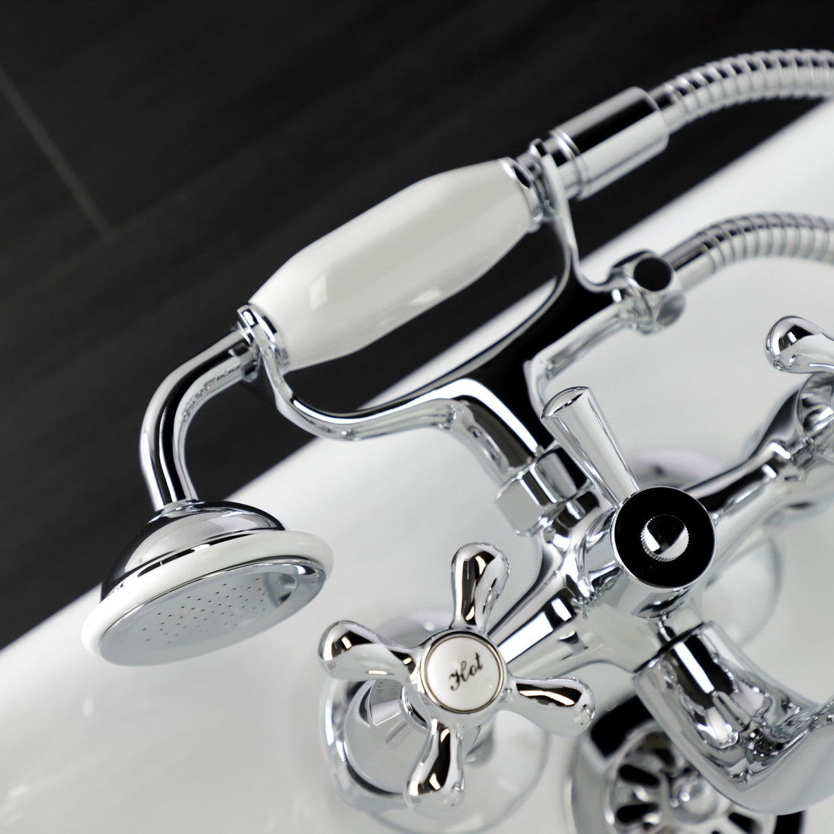 Kingston KS225C Three-Handle 2-Hole Tub Wall Mount Clawfoot Tub Faucet with Handshower, Polished Chrome
