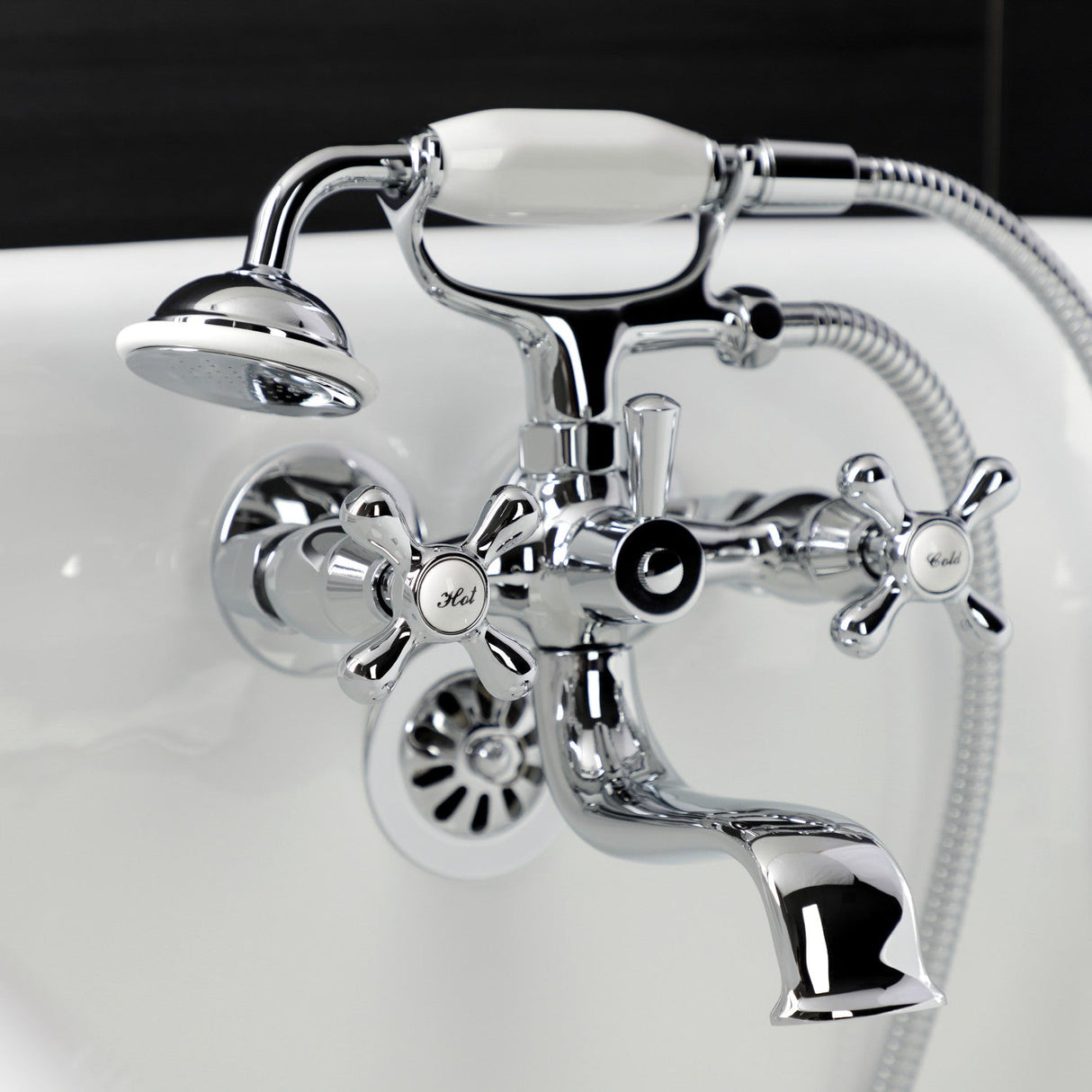Kingston KS225C Three-Handle 2-Hole Tub Wall Mount Clawfoot Tub Faucet with Handshower, Polished Chrome