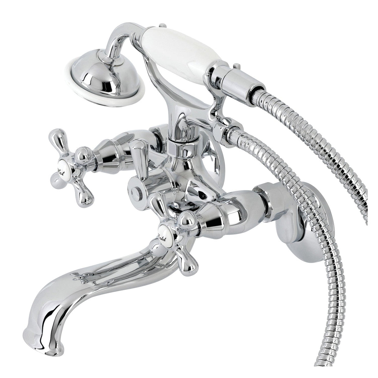 Kingston KS225C Three-Handle 2-Hole Tub Wall Mount Clawfoot Tub Faucet with Handshower, Polished Chrome