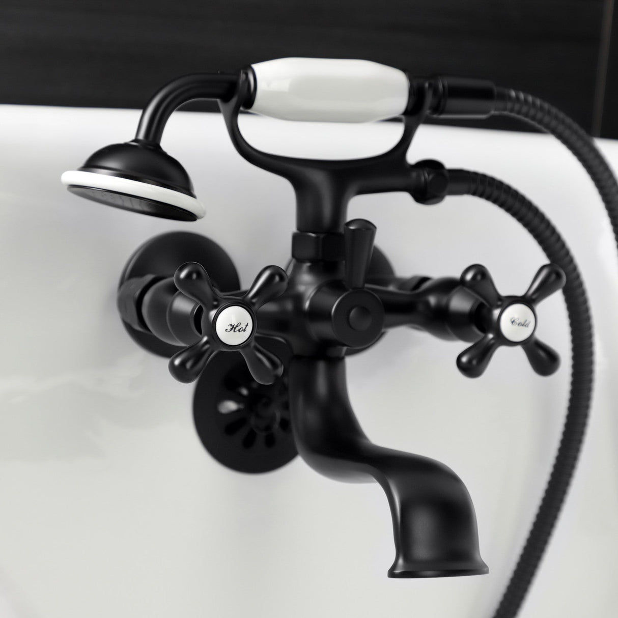 Kingston KS225MB Three-Handle 2-Hole Tub Wall Mount Clawfoot Tub Faucet with Handshower, Matte Black