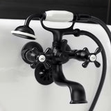 Kingston KS225MB Three-Handle 2-Hole Tub Wall Mount Clawfoot Tub Faucet with Handshower, Matte Black