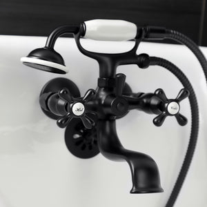 Kingston KS225MB Three-Handle 2-Hole Tub Wall Mount Clawfoot Tub Faucet with Handshower, Matte Black