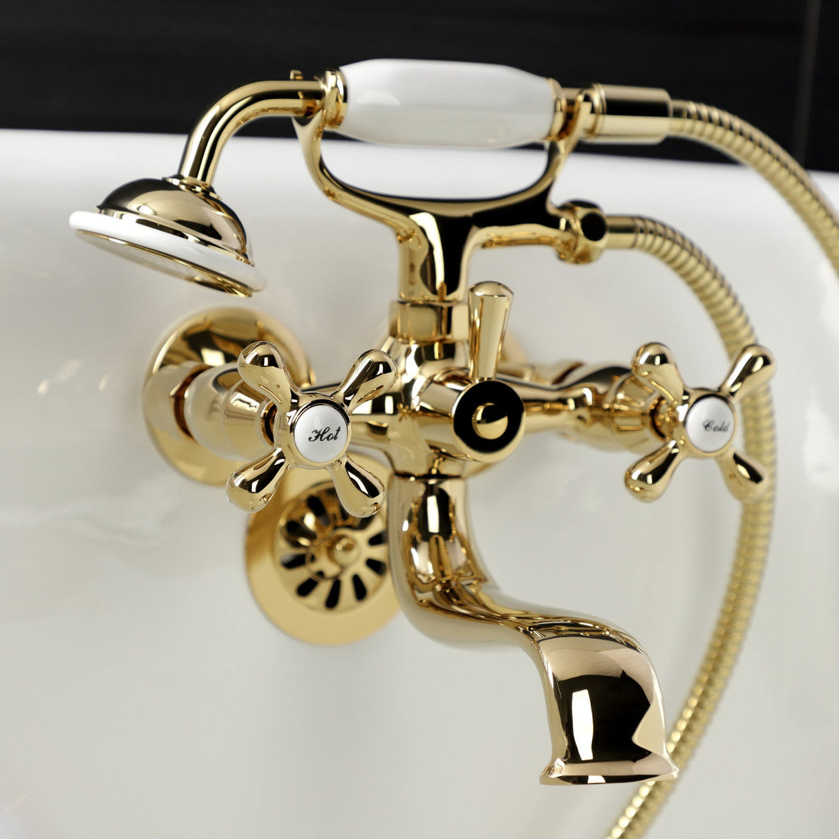 Kingston KS225PB Three-Handle 2-Hole Tub Wall Mount Clawfoot Tub Faucet with Handshower, Polished Brass