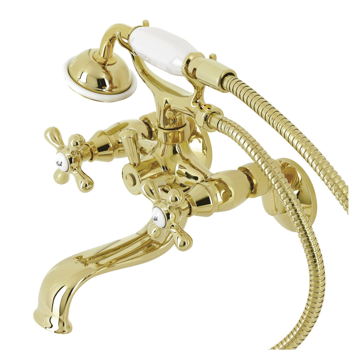 Kingston KS225PB Three-Handle 2-Hole Tub Wall Mount Clawfoot Tub Faucet with Handshower, Polished Brass