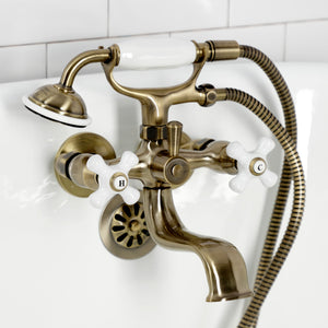 Kingston KS225PXAB Three-Handle 2-Hole Tub Wall Mount Clawfoot Tub Faucet with Hand Shower, Antique Brass