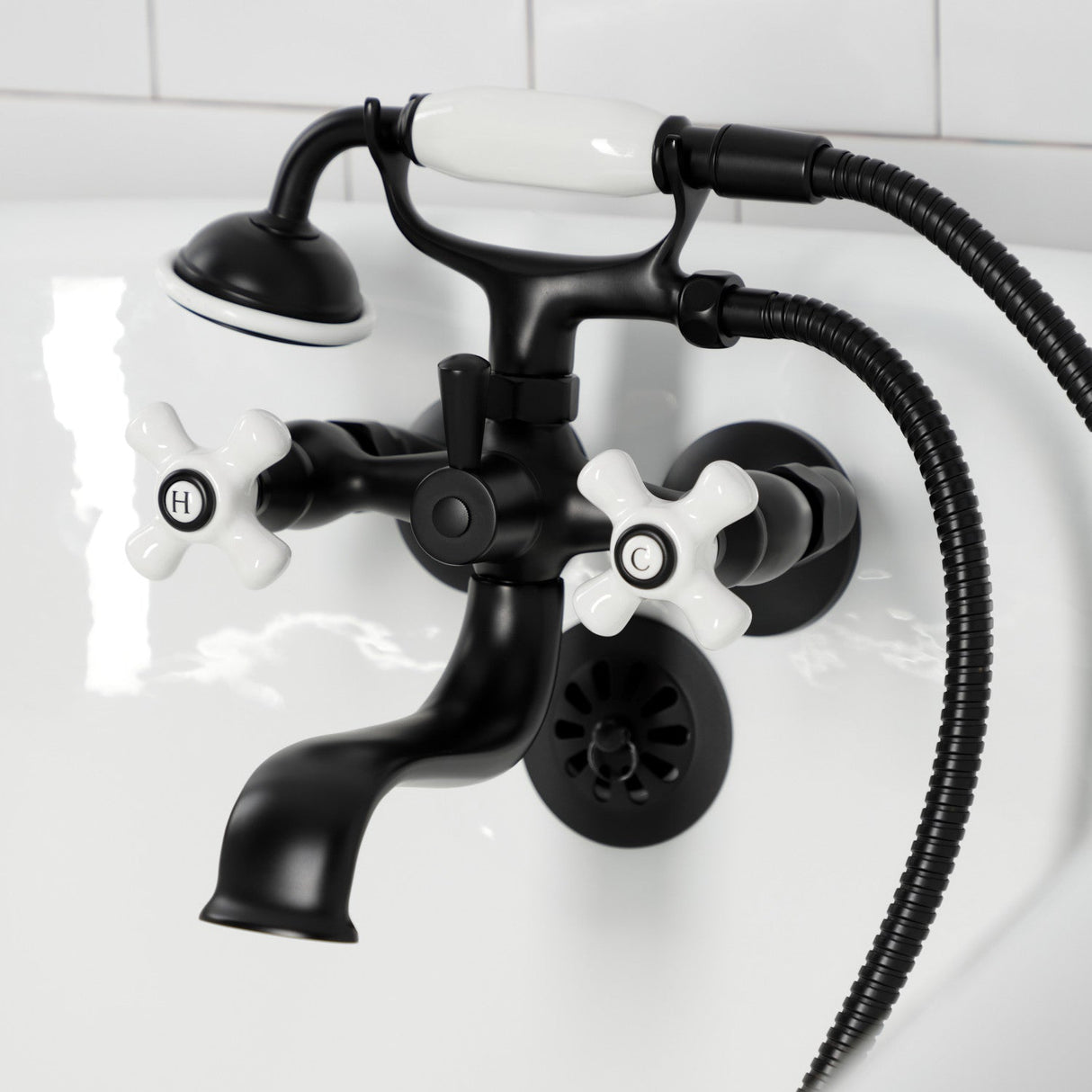 Kingston KS225PXMB Three-Handle 2-Hole Tub Wall Mount Clawfoot Tub Faucet with Hand Shower, Matte Black