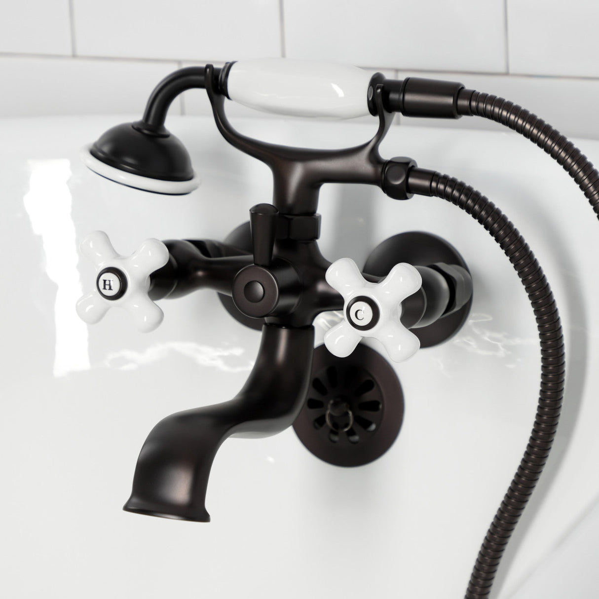 Kingston KS225PXORB Three-Handle 2-Hole Tub Wall Mount Clawfoot Tub Faucet with Hand Shower, Oil Rubbed Bronze