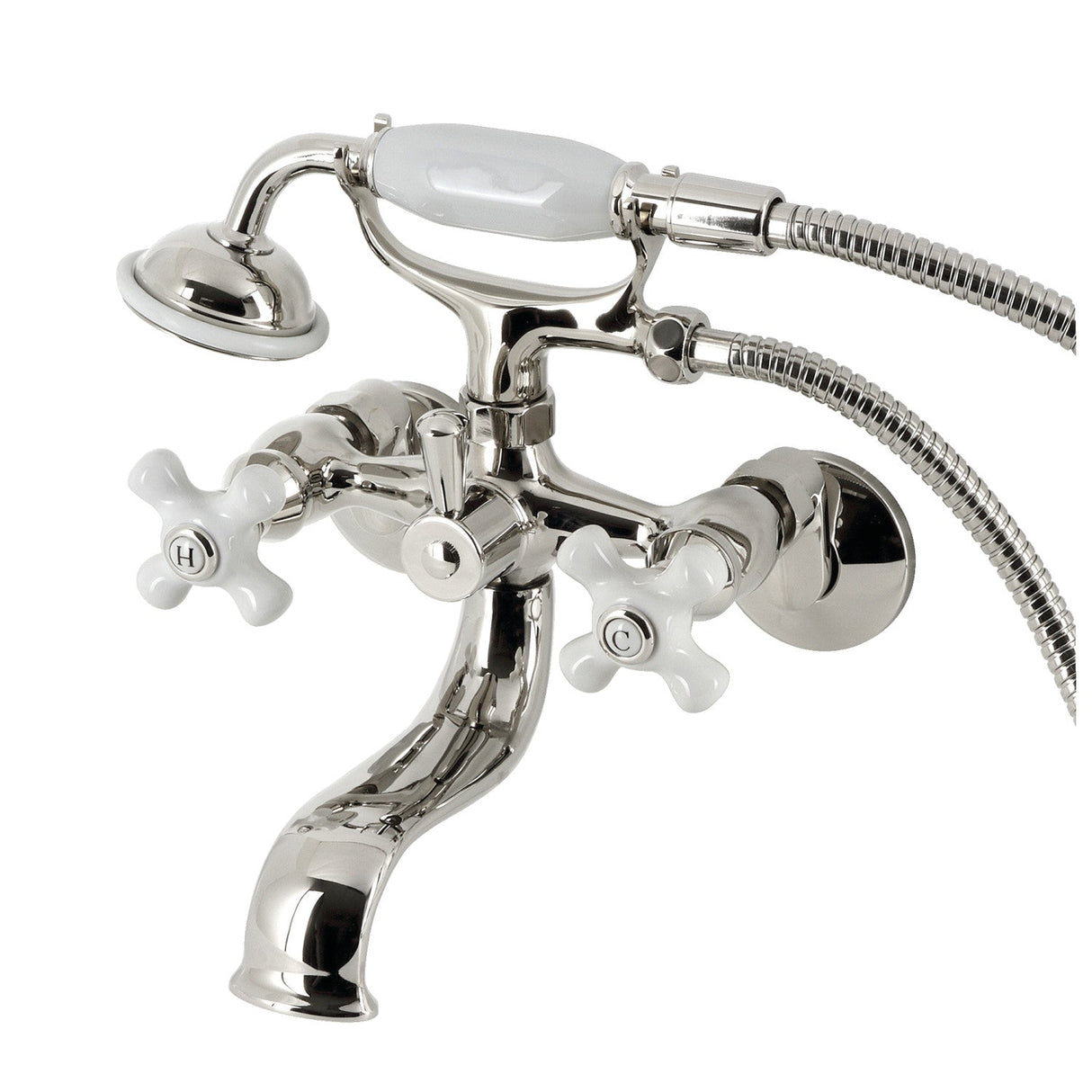Kingston KS225PXPN Three-Handle 2-Hole Tub Wall Mount Clawfoot Tub Faucet with Hand Shower, Polished Nickel