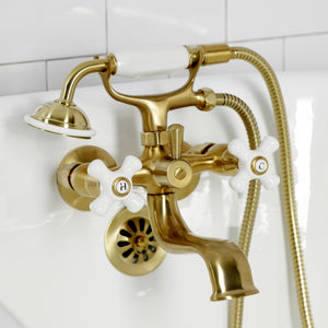 Kingston KS225PXSB Three-Handle 2-Hole Tub Wall Mount Clawfoot Tub Faucet with Hand Shower, Brushed Brass