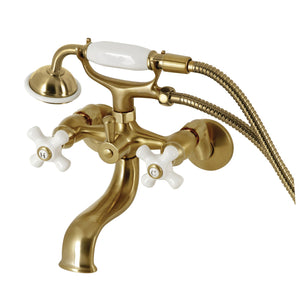 Kingston KS225PXSB Three-Handle 2-Hole Tub Wall Mount Clawfoot Tub Faucet with Hand Shower, Brushed Brass