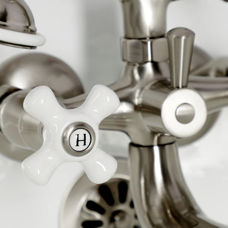 Kingston KS225PXSN Three-Handle 2-Hole Tub Wall Mount Clawfoot Tub Faucet with Hand Shower, Brushed Nickel