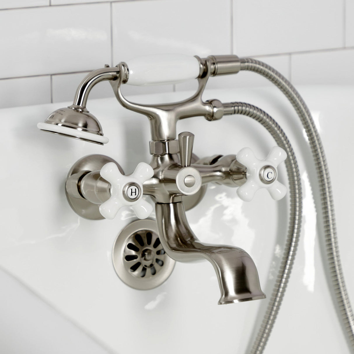 Kingston KS225PXSN Three-Handle 2-Hole Tub Wall Mount Clawfoot Tub Faucet with Hand Shower, Brushed Nickel