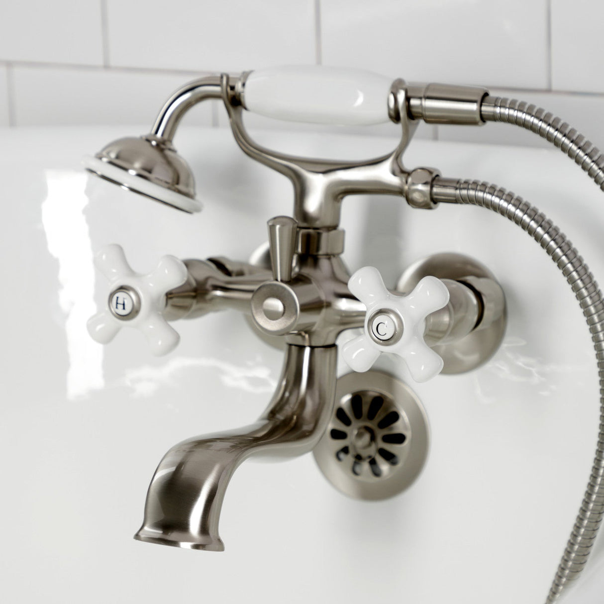 Kingston KS225PXSN Three-Handle 2-Hole Tub Wall Mount Clawfoot Tub Faucet with Hand Shower, Brushed Nickel