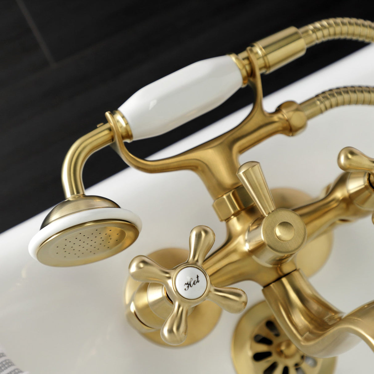 Kingston KS225SB Three-Handle 2-Hole Tub Wall Mount Clawfoot Tub Faucet with Handshower, Brushed Brass