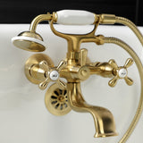 Kingston KS225SB Three-Handle 2-Hole Tub Wall Mount Clawfoot Tub Faucet with Handshower, Brushed Brass