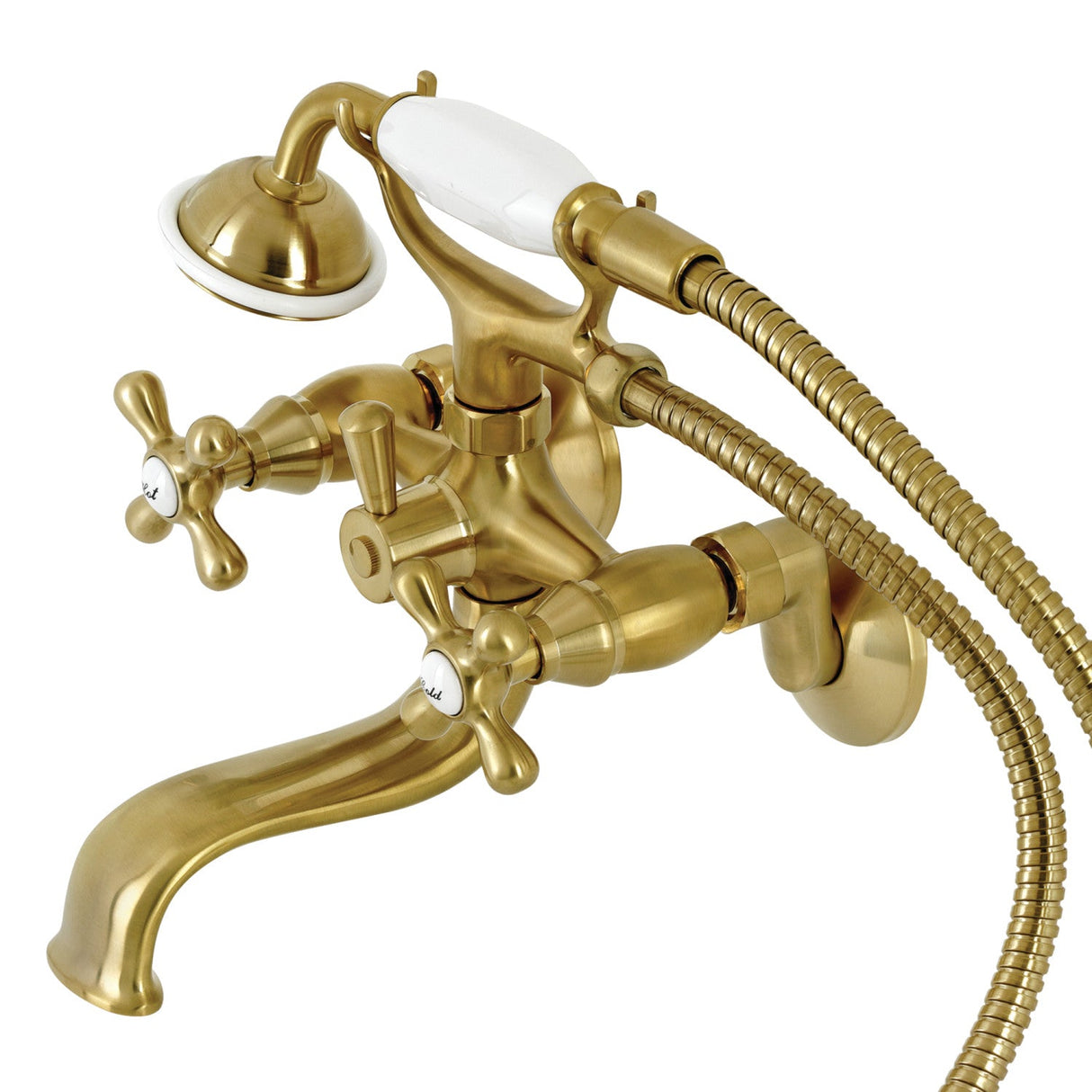 Kingston KS225SB Three-Handle 2-Hole Tub Wall Mount Clawfoot Tub Faucet with Handshower, Brushed Brass