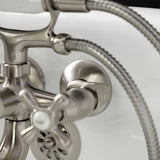 Kingston KS225SN Three-Handle 2-Hole Tub Wall Mount Clawfoot Tub Faucet with Handshower, Brushed Nickel