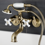 Kingston KS226PXAB Three-Handle 2-Hole Wall Mount Clawfoot Tub Faucet with Hand Shower, Antique Brass