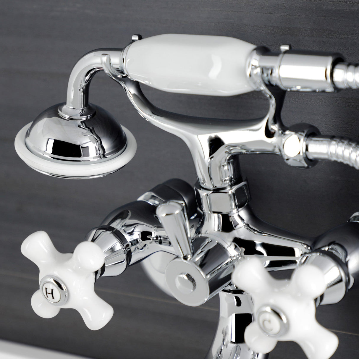 Kingston KS226PXC Three-Handle 2-Hole Wall Mount Clawfoot Tub Faucet with Hand Shower, Polished Chrome