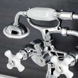Kingston KS226PXC Three-Handle 2-Hole Wall Mount Clawfoot Tub Faucet with Hand Shower, Polished Chrome