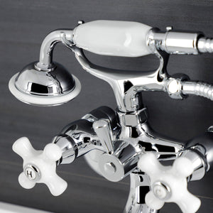 Kingston KS226PXC Three-Handle 2-Hole Wall Mount Clawfoot Tub Faucet with Hand Shower, Polished Chrome