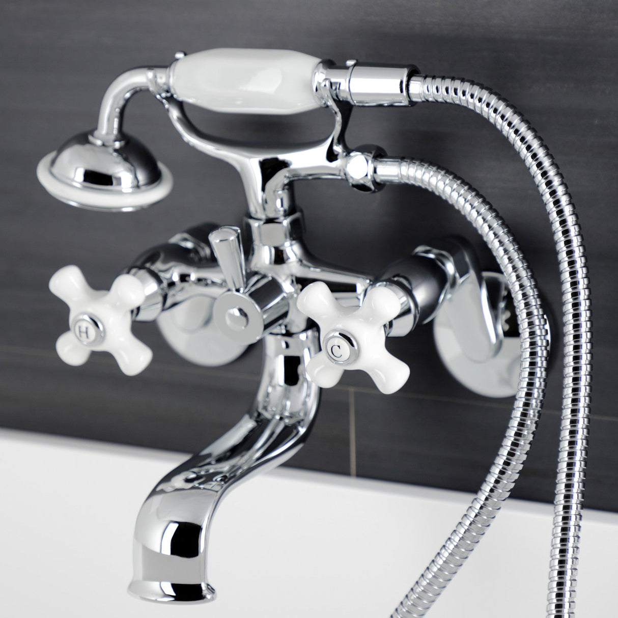 Kingston KS226PXC Three-Handle 2-Hole Wall Mount Clawfoot Tub Faucet with Hand Shower, Polished Chrome