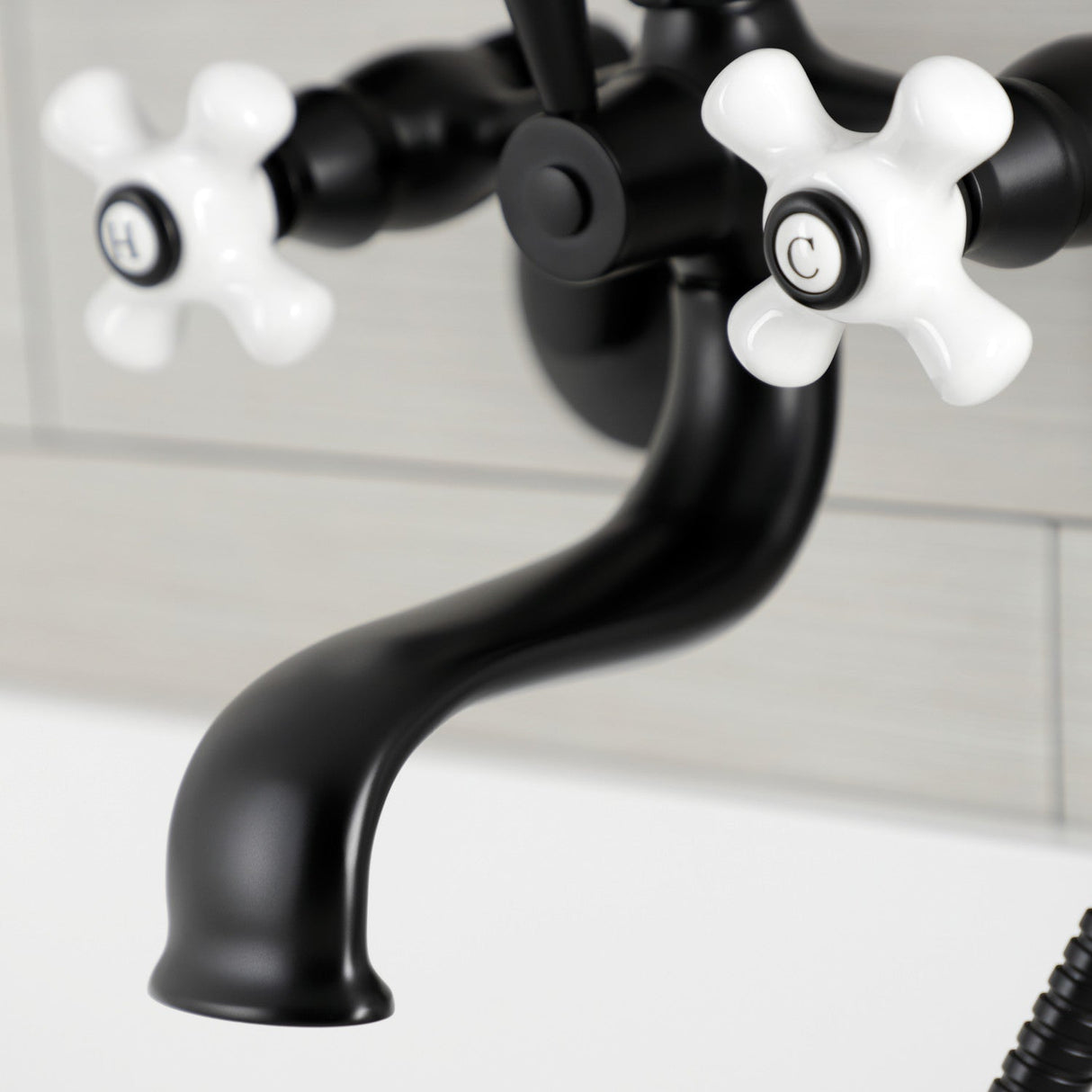 Kingston KS226PXMB Three-Handle 2-Hole Wall Mount Clawfoot Tub Faucet with Hand Shower, Matte Black