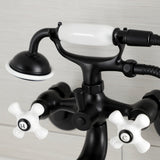 Kingston KS226PXMB Three-Handle 2-Hole Wall Mount Clawfoot Tub Faucet with Hand Shower, Matte Black