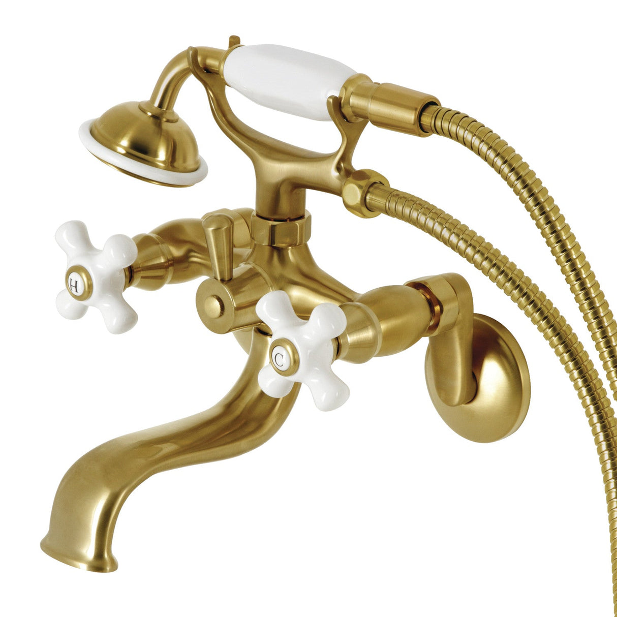 Kingston KS226PXSB Three-Handle 2-Hole Wall Mount Clawfoot Tub Faucet with Hand Shower, Brushed Brass