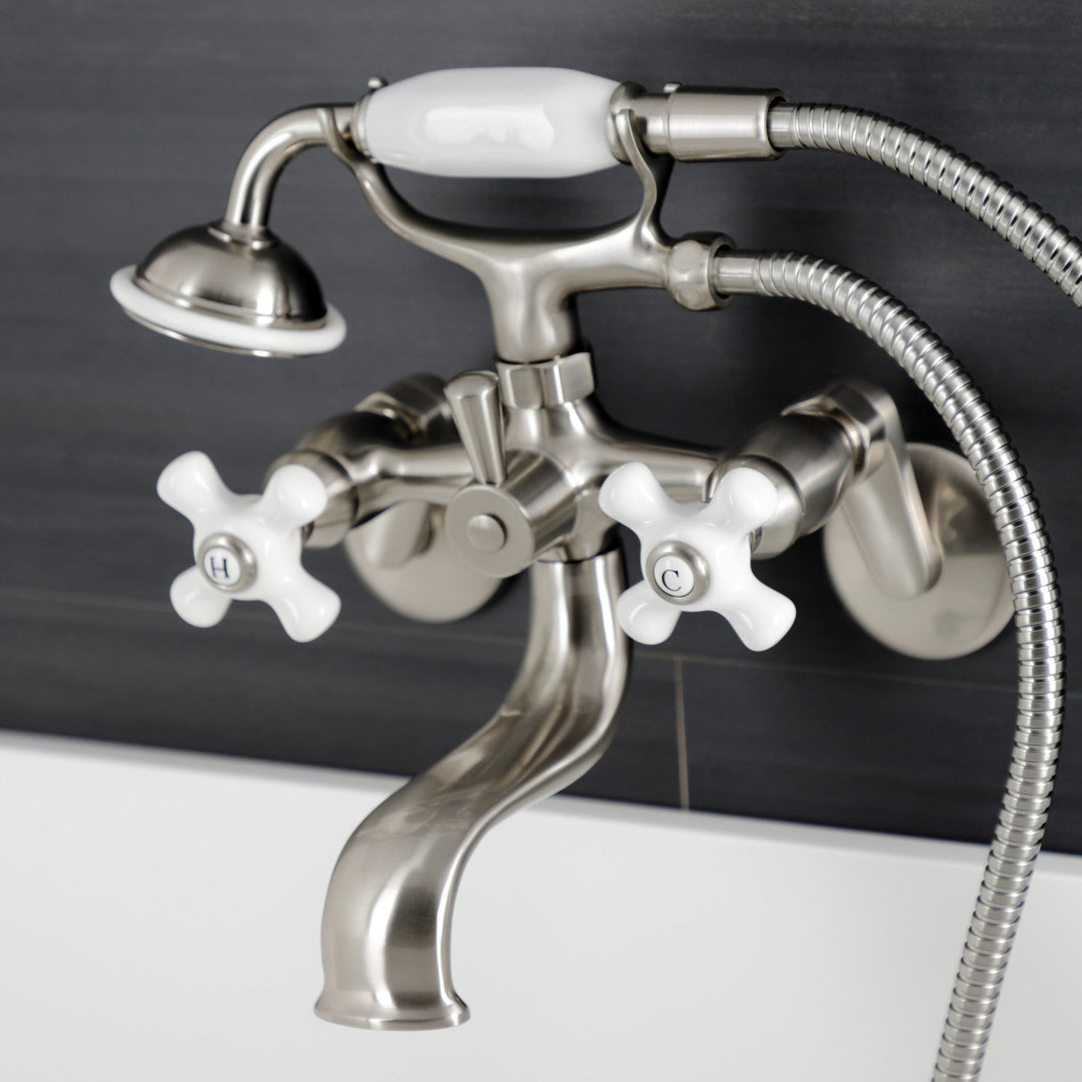 Kingston KS226PXSN Three-Handle 2-Hole Wall Mount Clawfoot Tub Faucet with Hand Shower, Brushed Nickel