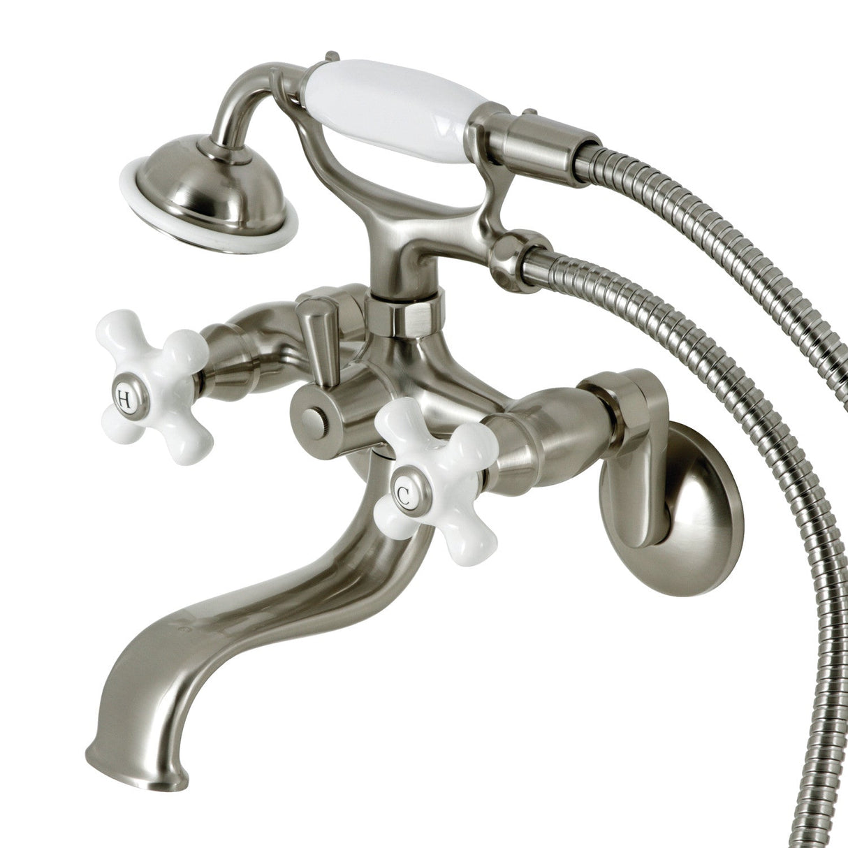 Kingston KS226PXSN Three-Handle 2-Hole Wall Mount Clawfoot Tub Faucet with Hand Shower, Brushed Nickel