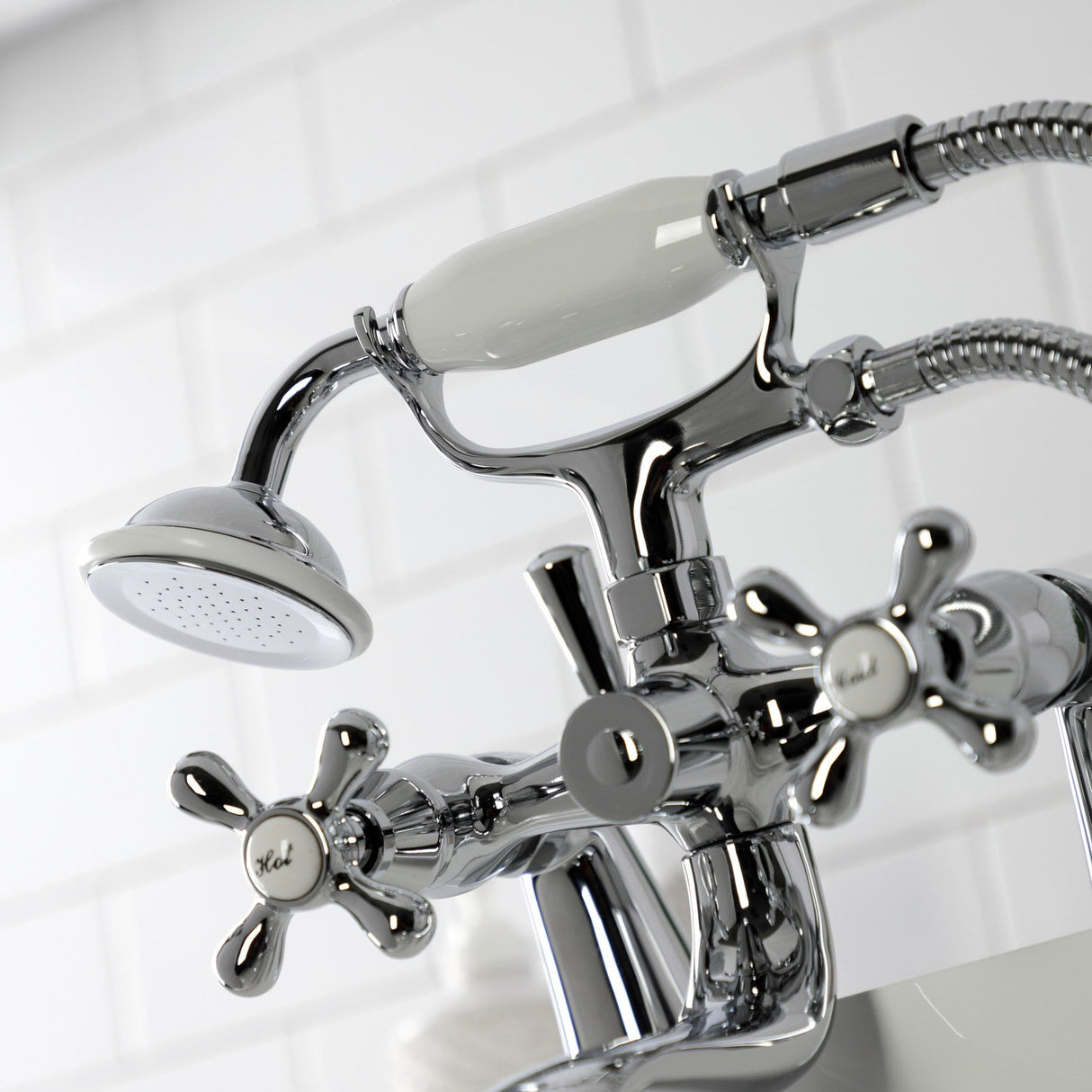 Kingston KS227C Three-Handle 2-Hole Deck Mount Clawfoot Tub Faucet with Handshower, Polished Chrome