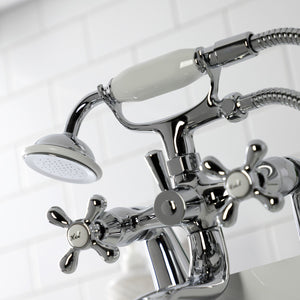 Kingston KS227C Three-Handle 2-Hole Deck Mount Clawfoot Tub Faucet with Handshower, Polished Chrome