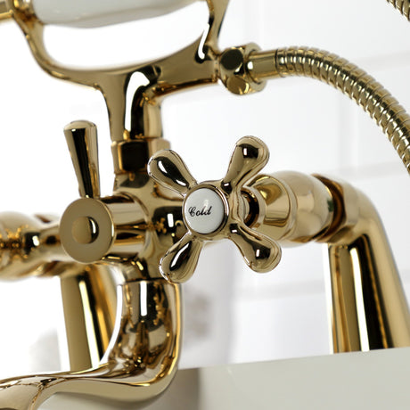 Kingston KS227PB Three-Handle 2-Hole Deck Mount Clawfoot Tub Faucet with Handshower, Polished Brass
