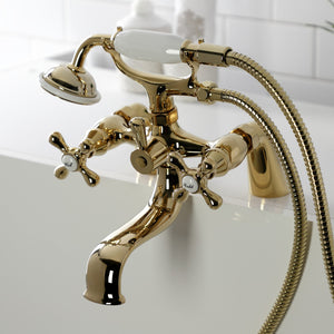 Kingston KS227PB Three-Handle 2-Hole Deck Mount Clawfoot Tub Faucet with Handshower, Polished Brass