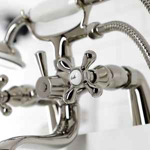 Kingston KS227PN Three-Handle 2-Hole Deck Mount Clawfoot Tub Faucet with Handshower, Polished Nickel