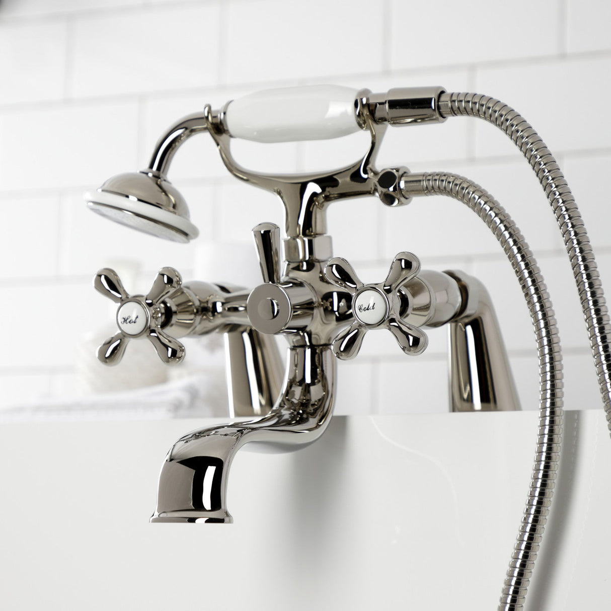 Kingston KS227PN Three-Handle 2-Hole Deck Mount Clawfoot Tub Faucet with Handshower, Polished Nickel