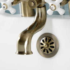 Kingston KS227PXAB Three-Handle 2-Hole Deck Mount Clawfoot Tub Faucet with Hand Shower, Antique Brass