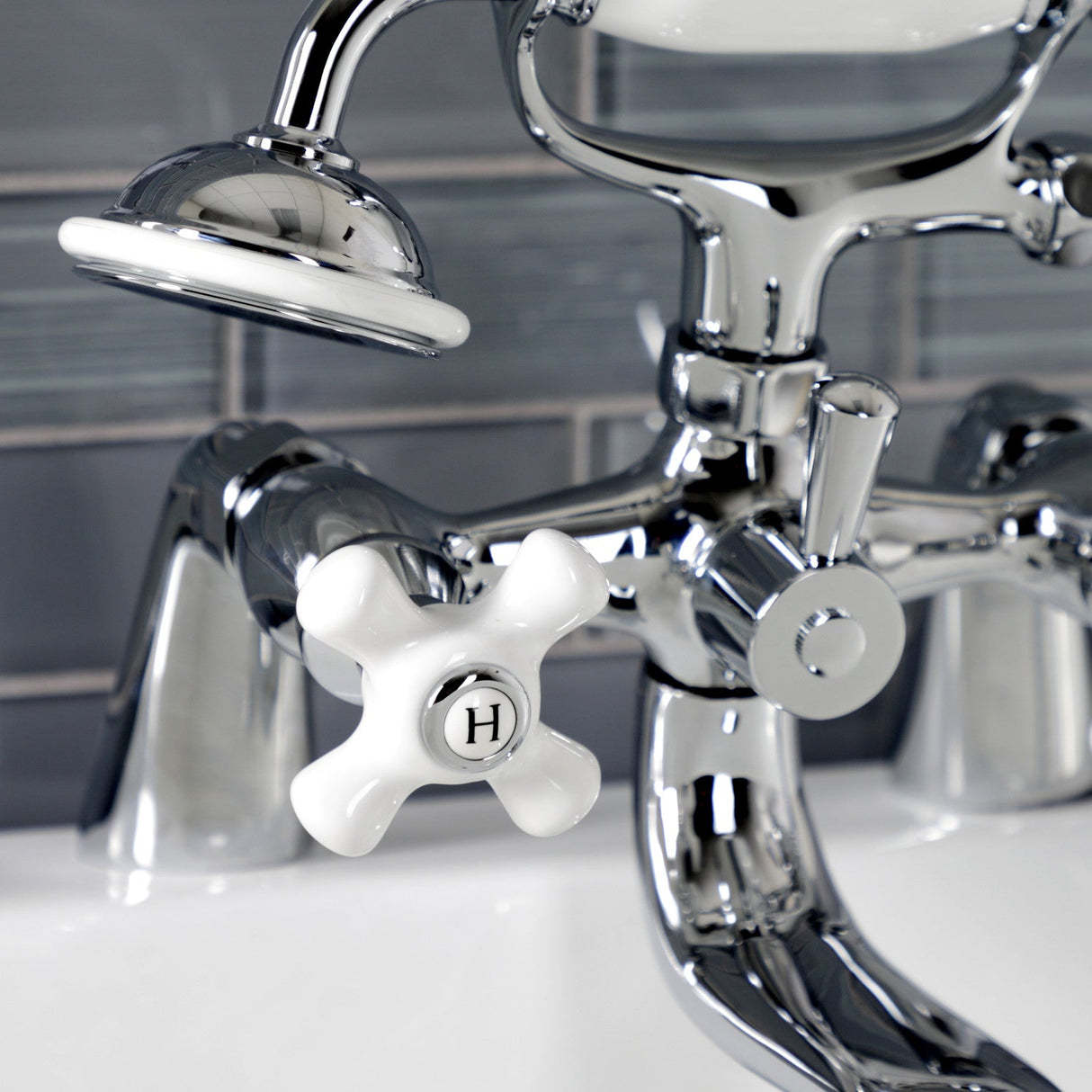 Kingston KS227PXC Three-Handle 2-Hole Deck Mount Clawfoot Tub Faucet with Hand Shower, Polished Chrome