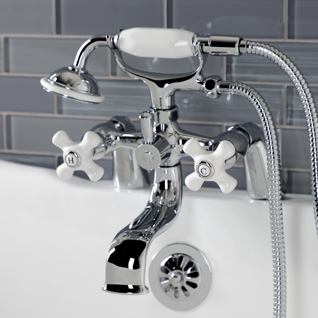 Kingston KS227PXC Three-Handle 2-Hole Deck Mount Clawfoot Tub Faucet with Hand Shower, Polished Chrome
