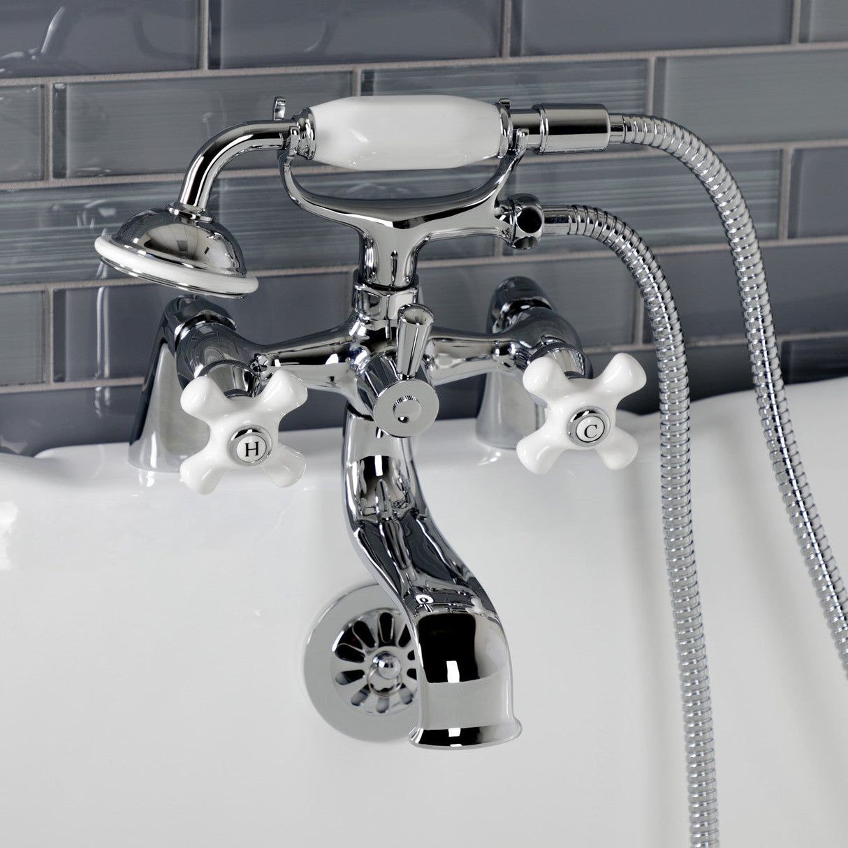 Kingston KS227PXC Three-Handle 2-Hole Deck Mount Clawfoot Tub Faucet with Hand Shower, Polished Chrome